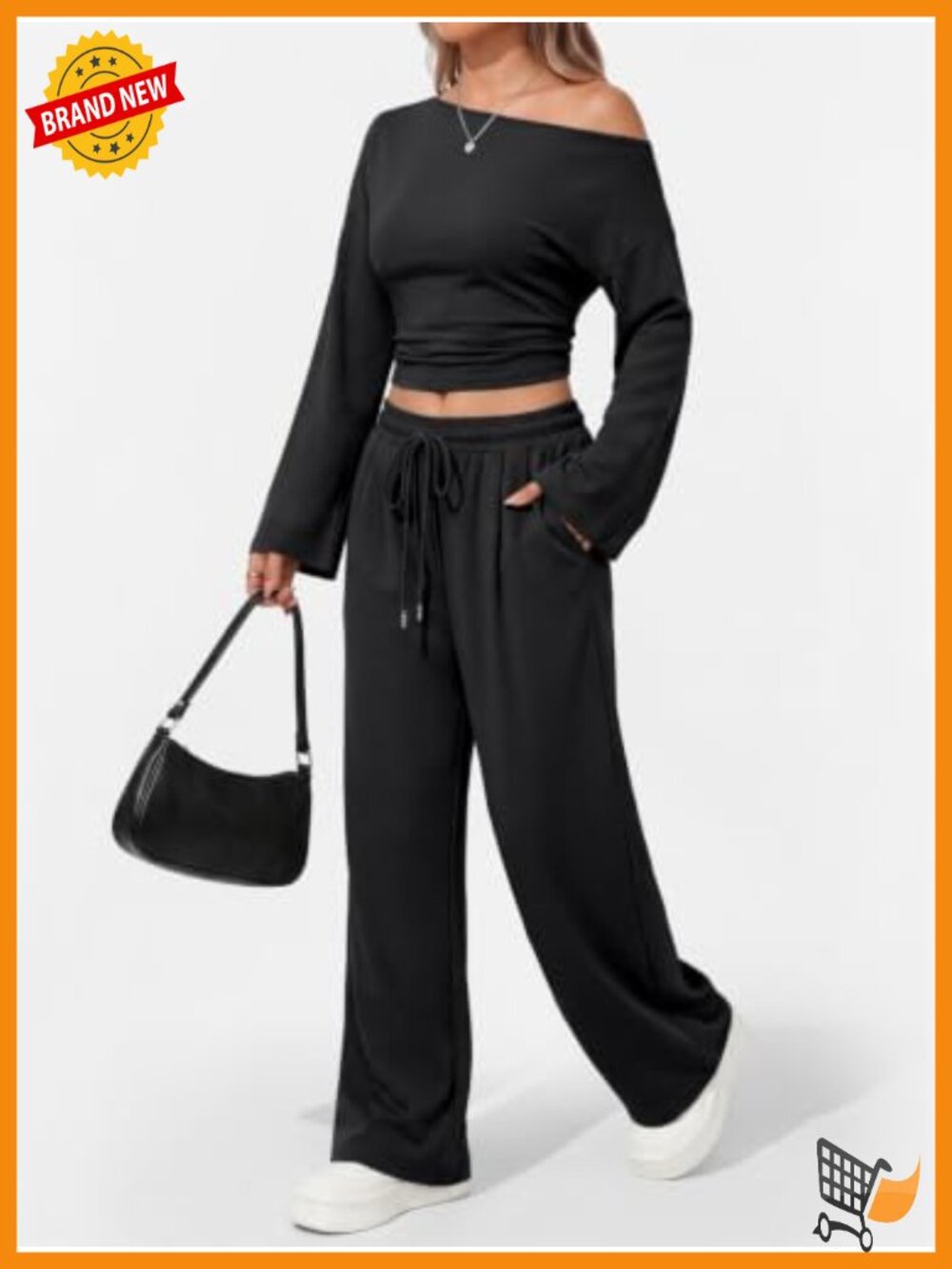 Women's 2 Piece Lounge Set Cotton Spandex Off Shoulder Ruched Top Wide Leg Pants - Picture 2 of 5